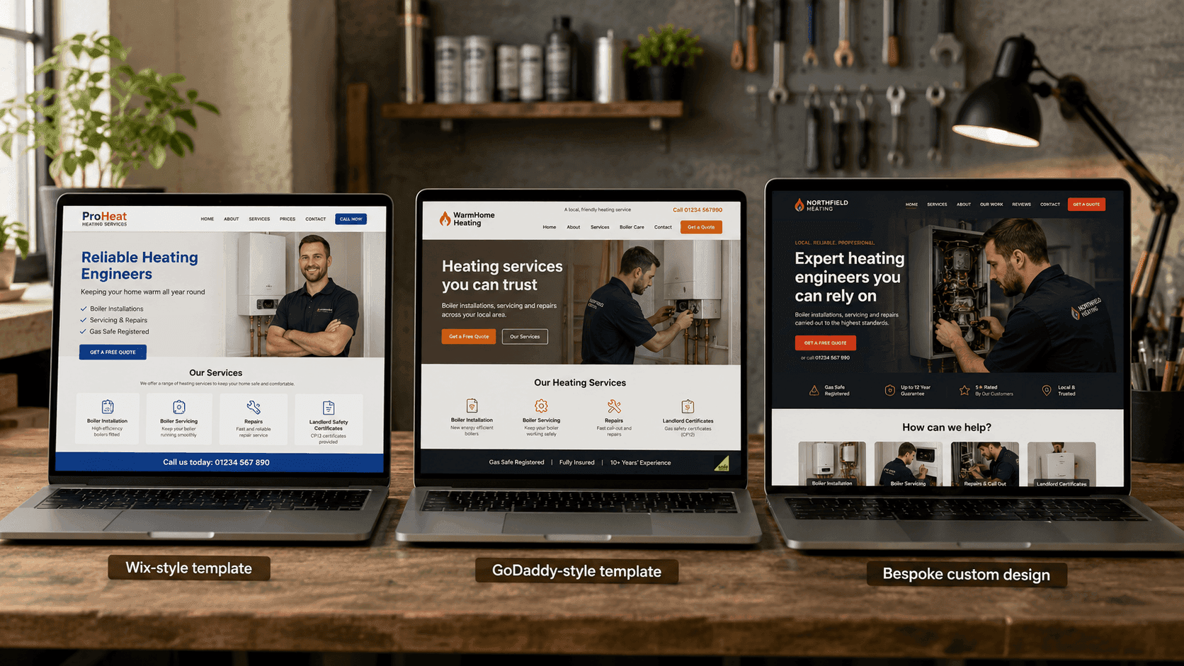 Three laptops side by side comparing a Wix-built site, a GoDaddy-built site and a custom heating engineer website.