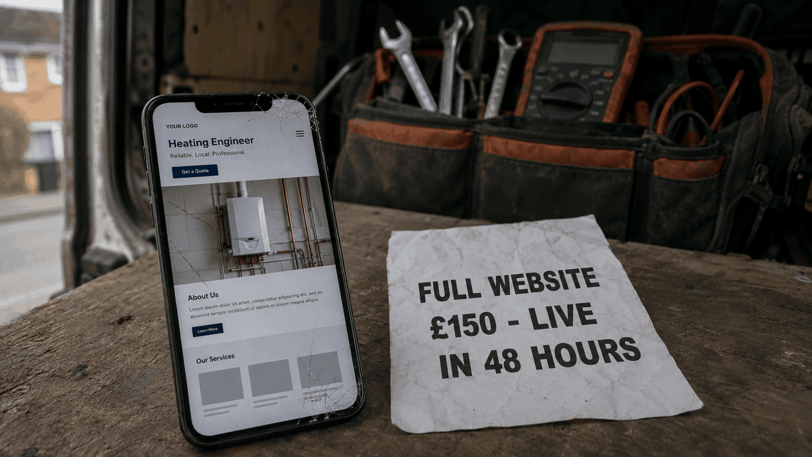 A cracked, half-finished website on a phone screen labelled 'just £150' next to a heating engineer's tool bag, illustrating the cheap-builder trap.