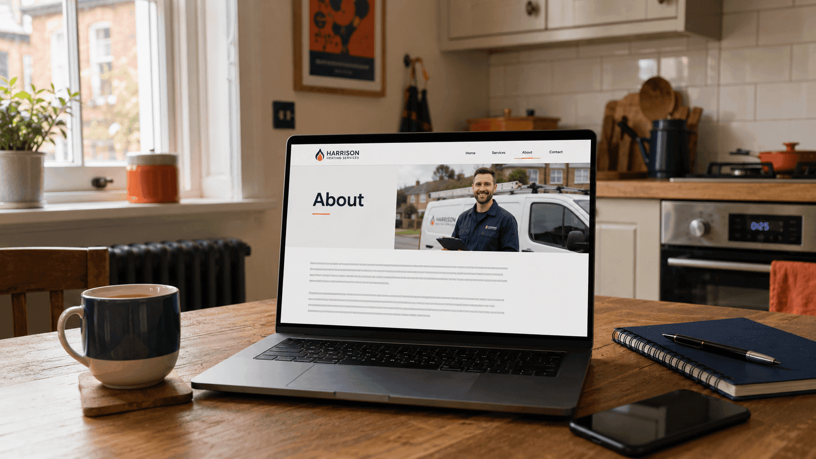 A laptop showing a heating engineer's About page with a real photo, Gas Safe number and brief story laid out cleanly.