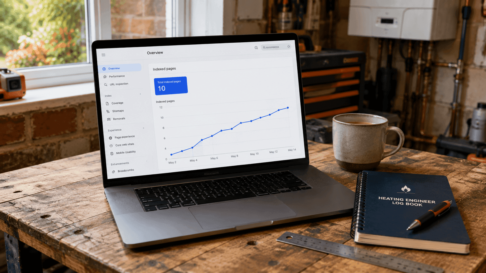 A laptop showing Google Search Console with a newly indexed heating engineer website appearing in the indexed pages graph.