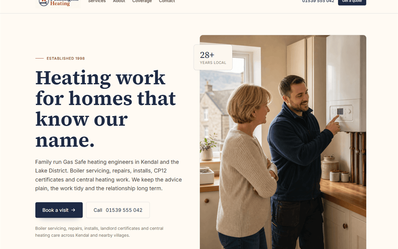 Pennington Heating home page preview
