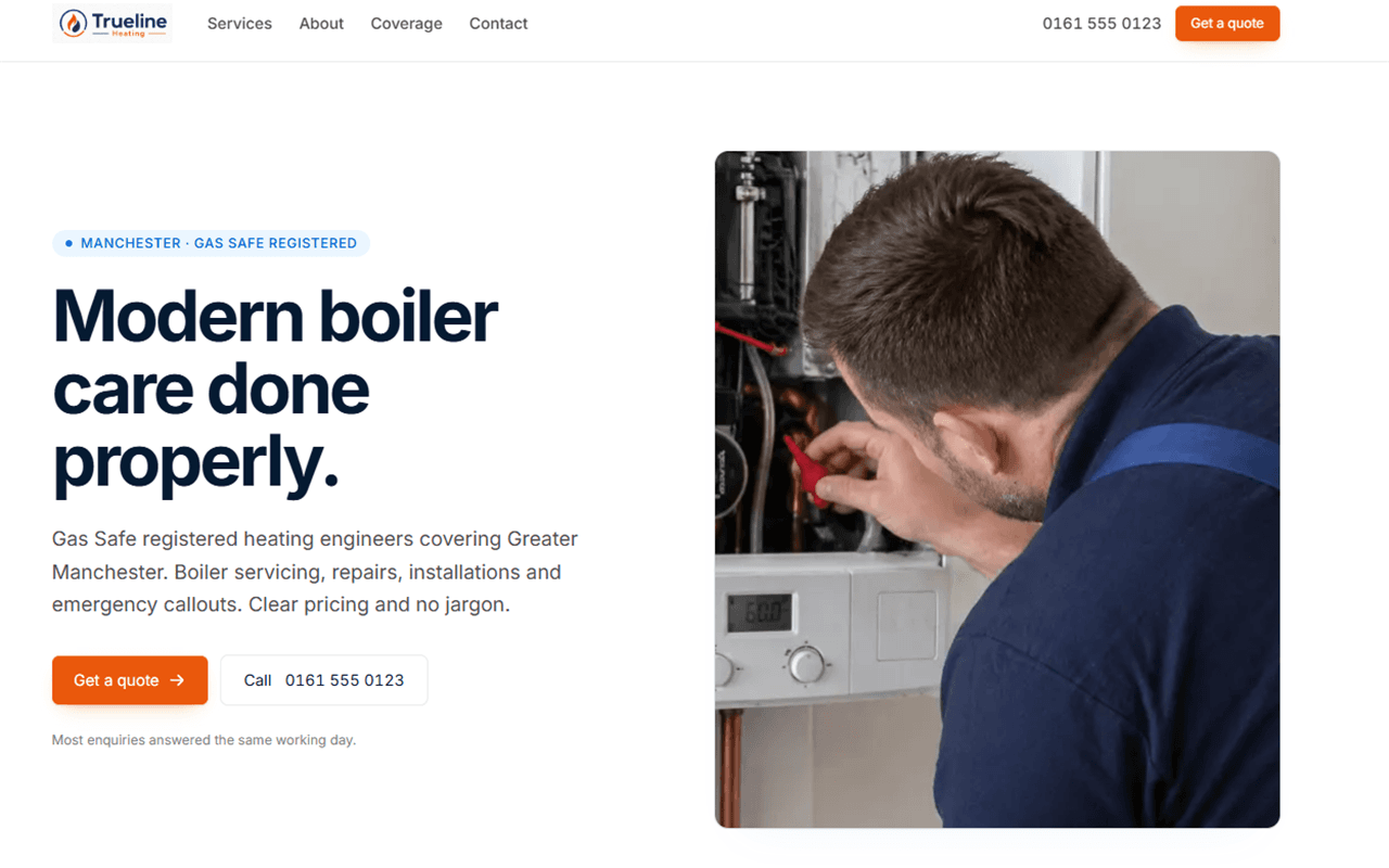 Trueline Heating home page preview